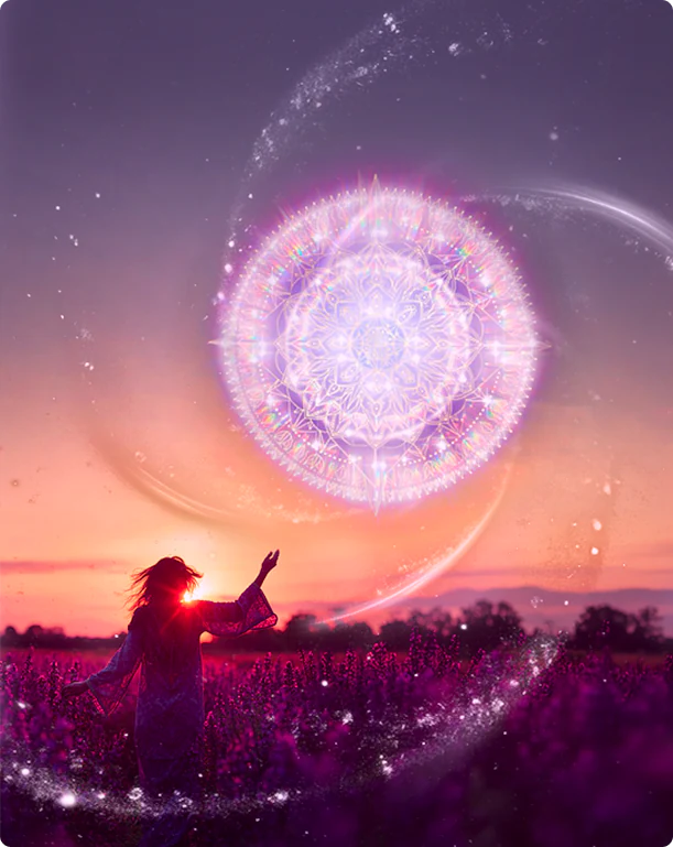 A woman in a field of lavender at sunset, one hand raised to a radiant mandala in the sky