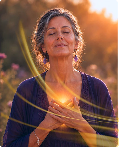A woman standing in a sunlit meadow, both hands resting on her heart
