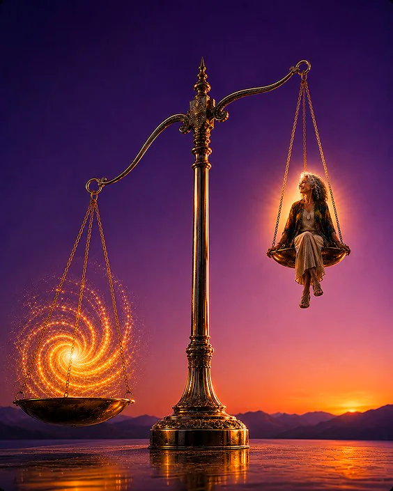 A golden scale at sunset: Lola seated on one pan, a spiral of light on the other